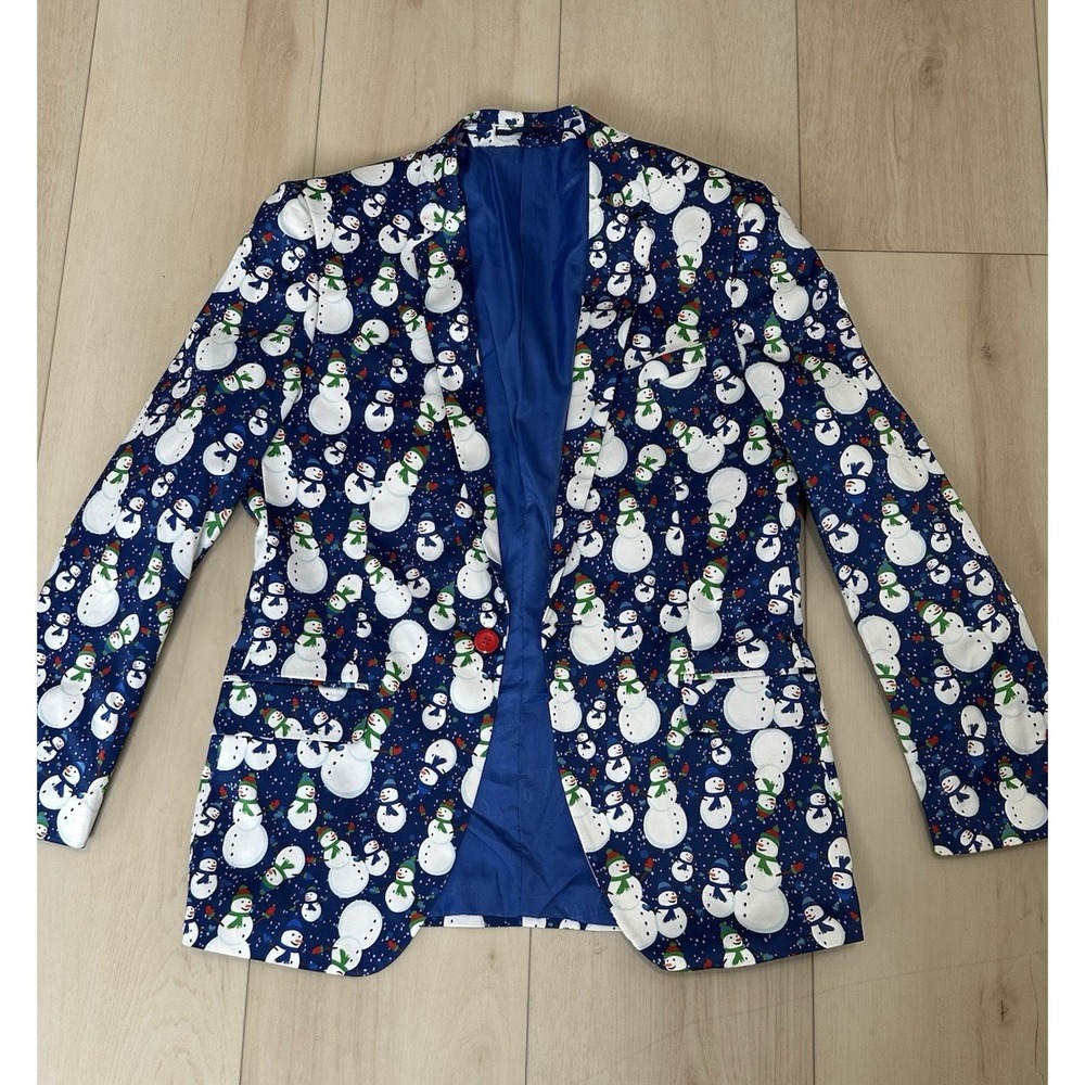 Suslo Couture Slim Fit Snowman Print Blazer Blue L/42 Christmas Holiday Party
